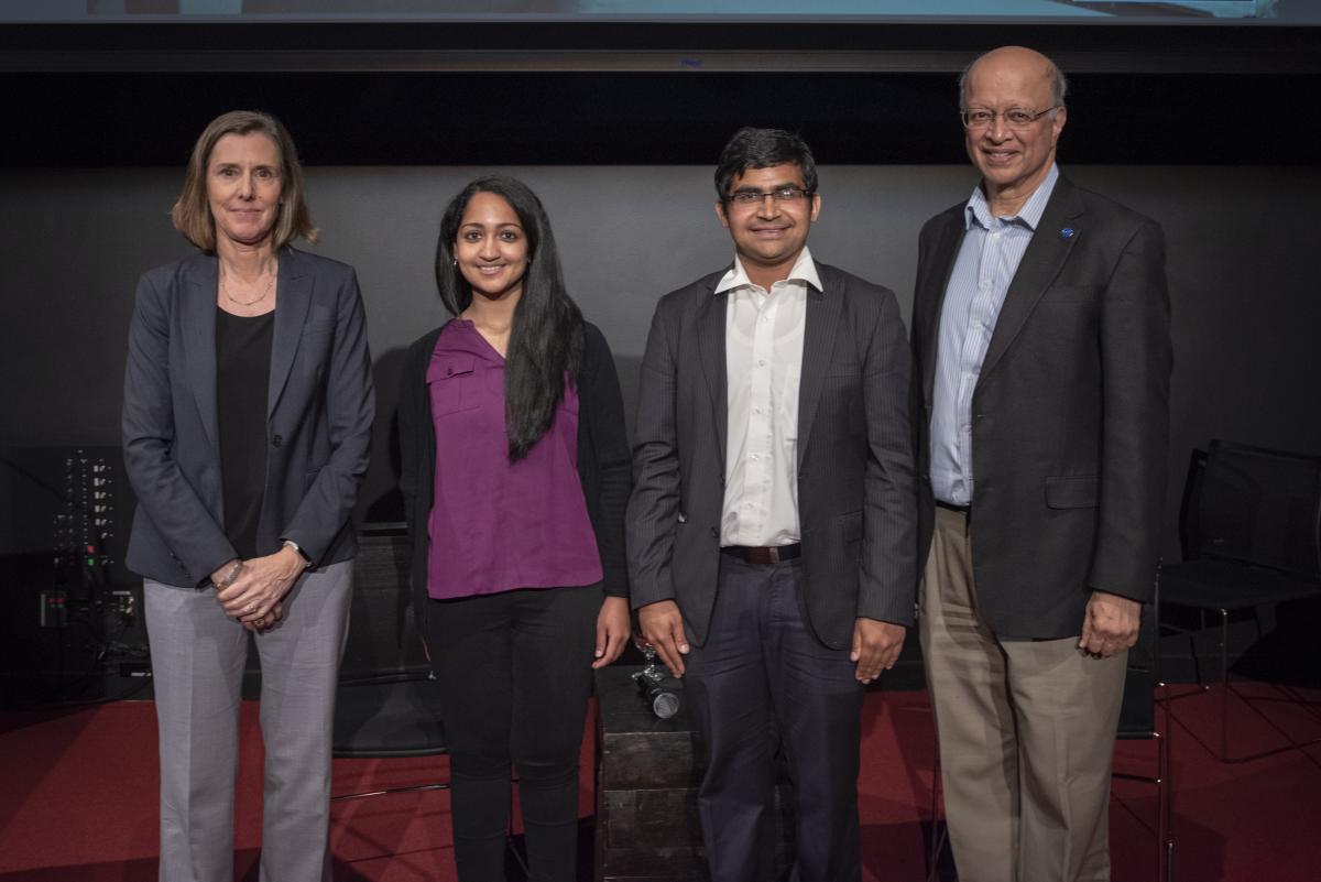 (left to right) Mary Ann Piette, Ankanksha Menon (Rosenfeld Fellow), Arkadeep Kumar (Rosenfeld Fellow), and Ashok Gadgil at the Rosenfeld Symposium 2019