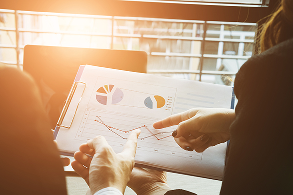 Two individuals discussing financial charts during a meeting.