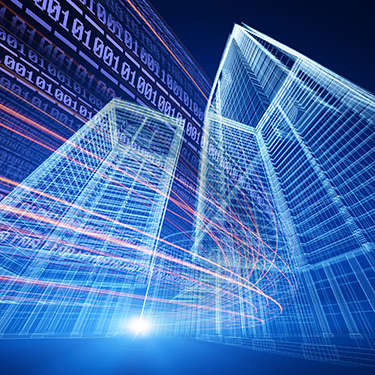 Abstract of building wireframes with computer code running through them.